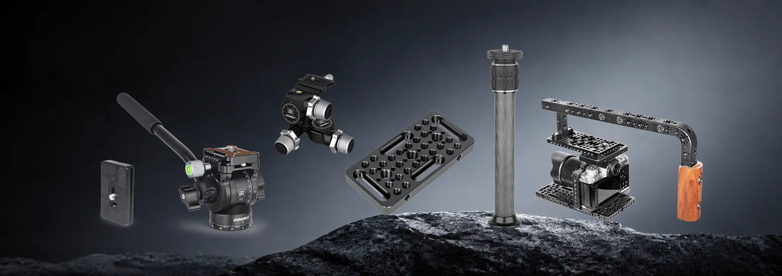Five essential tripod accessories—quick-release plate, cheese plate, short center column, tripod head, and cheese handle