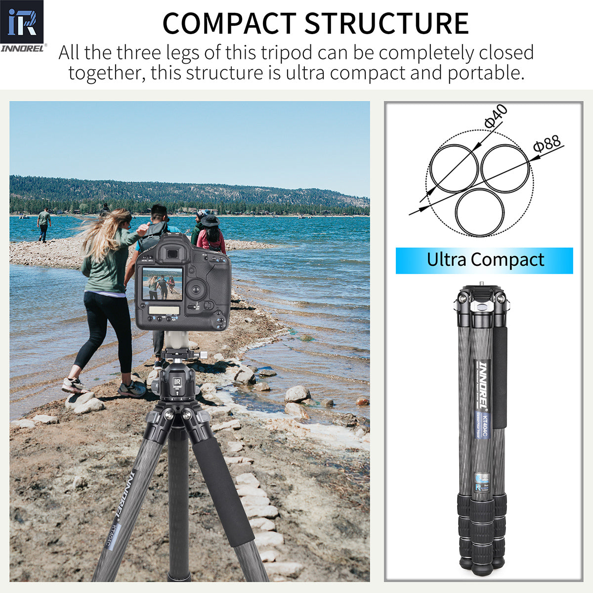 Treppiede per fotocamera in fibra di carbonio usato 40mm Tubo INNOREL KT404C (Solo gli USA hanno disponibilità)