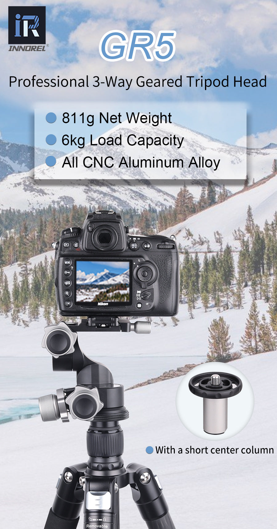 Aluminum Alloy 3 Way Geared Tripod Head INNOREL GR5