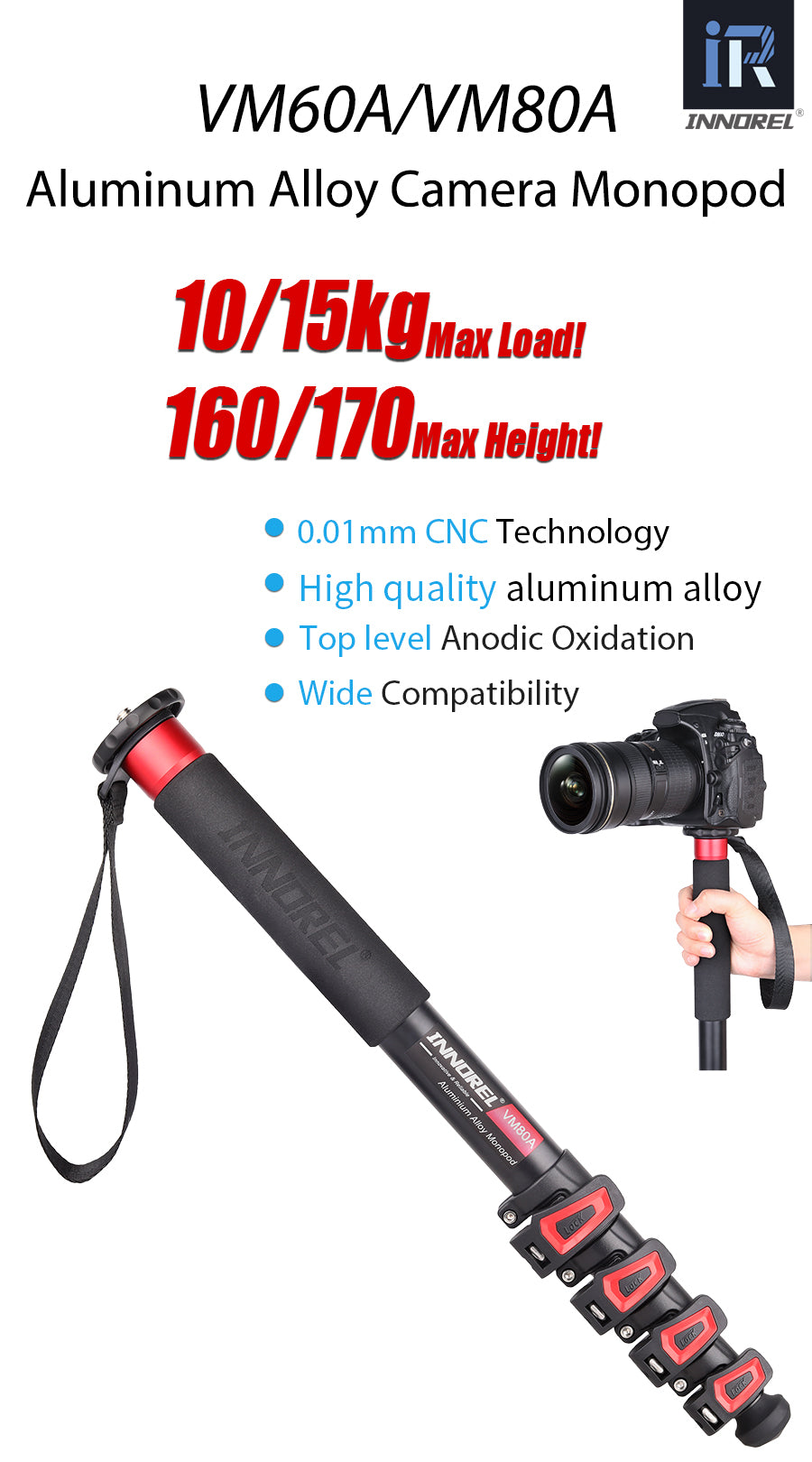 Aluminum Alloy Portable Lightweight Camera Monopod INNOREL VM60A/VM80A