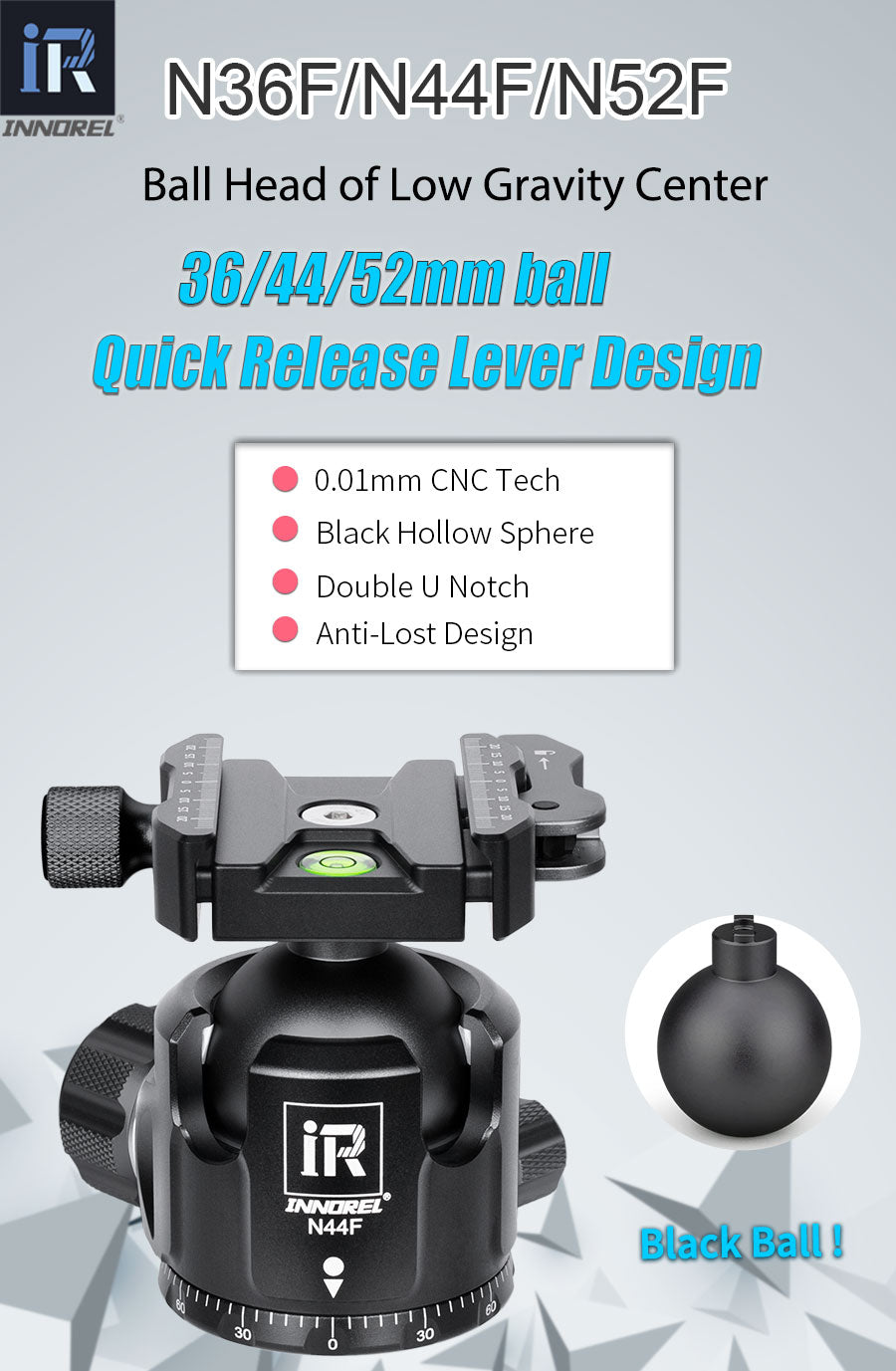 INNOREL N36F/N44F/N52F Black Low Profile Panoramic CNC Metal Ballhead