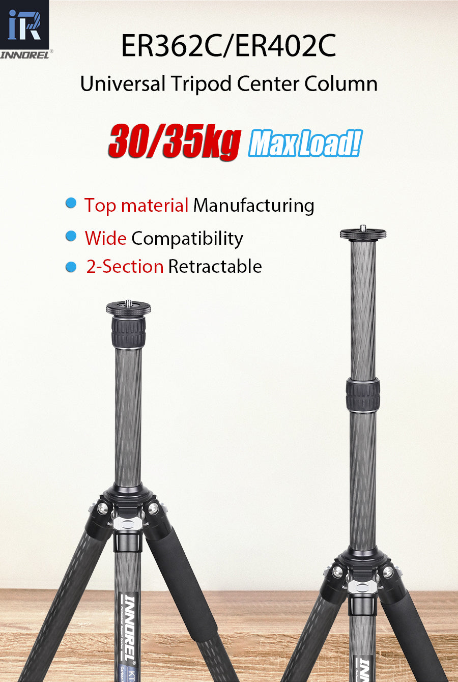 Colonne centrale pour trépied universel 10 couches en fibre de carbone INNOREL ER362C/ER402C