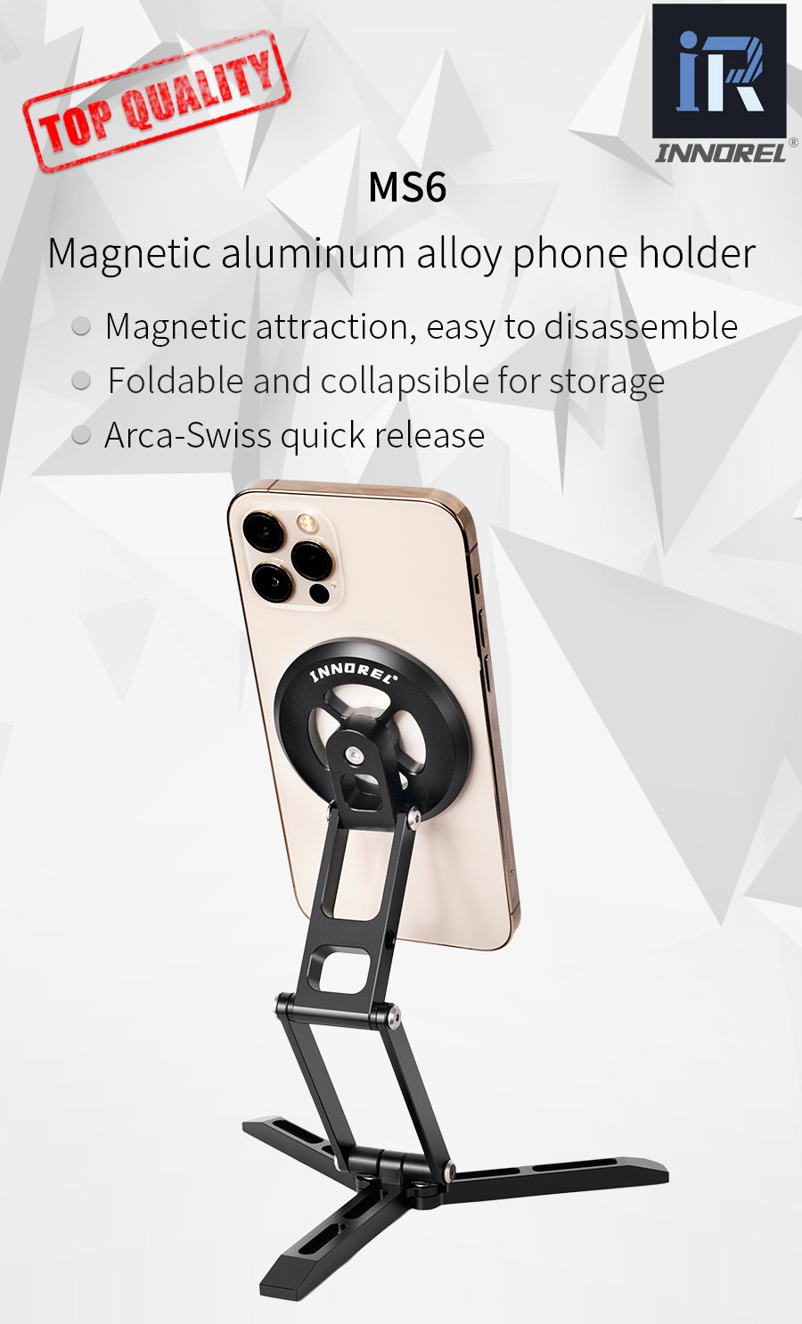 Perche à selfie portative INNOREL MS6 légère en alliage d'aluminium, pliable et réglable sur 3 axes avec plaque de dégagement rapide Arca-Swiss