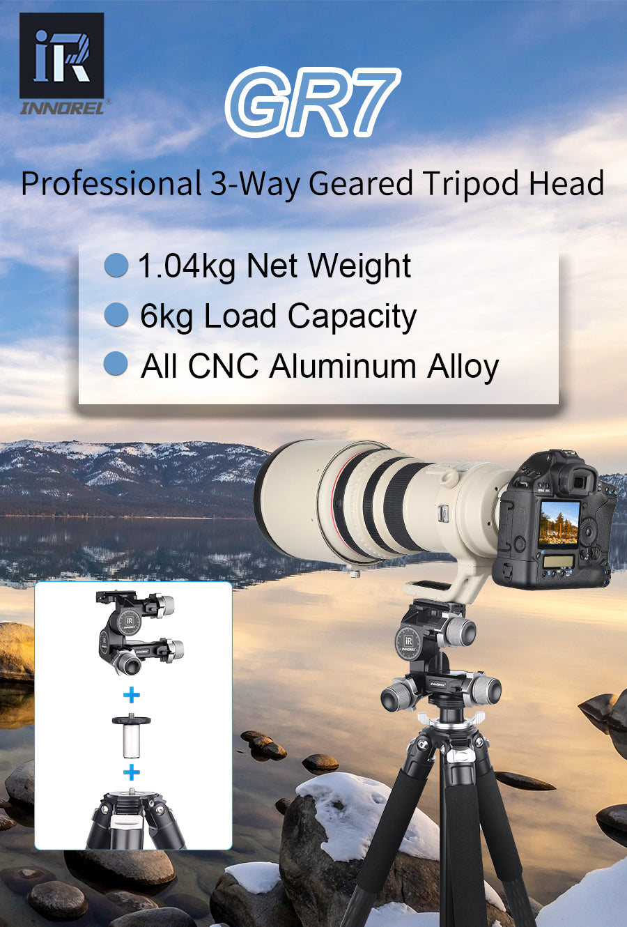GR7 CNC Aluminum Alloy High Precision 3 Way Geared Tripod Head