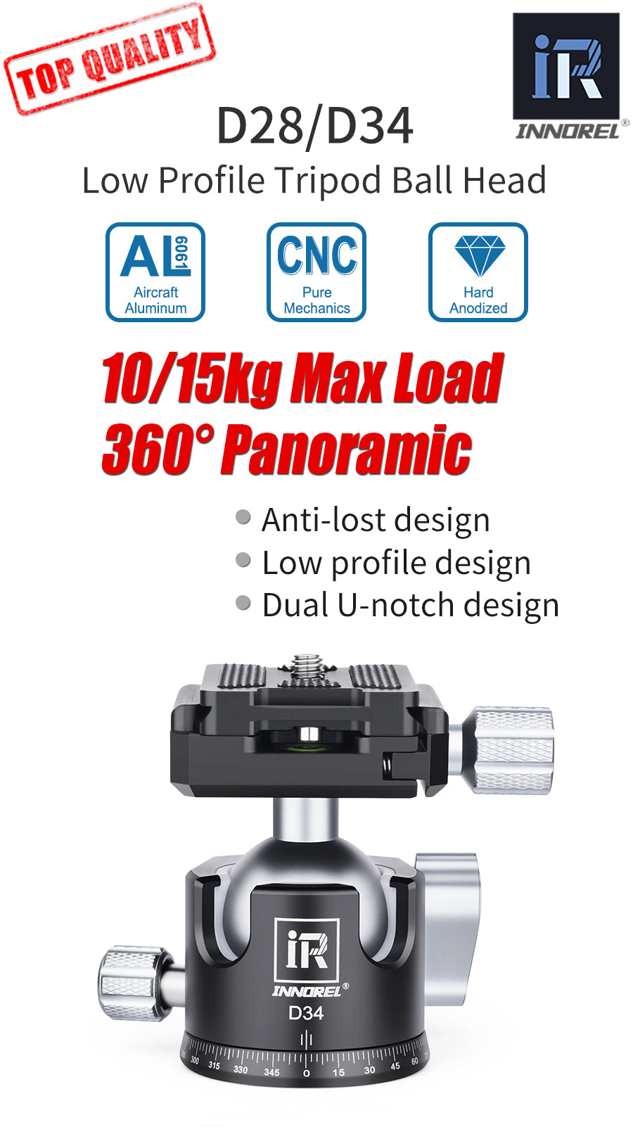 28/34mm Low Profile Tripod Ball Head INNOREL D28/D34