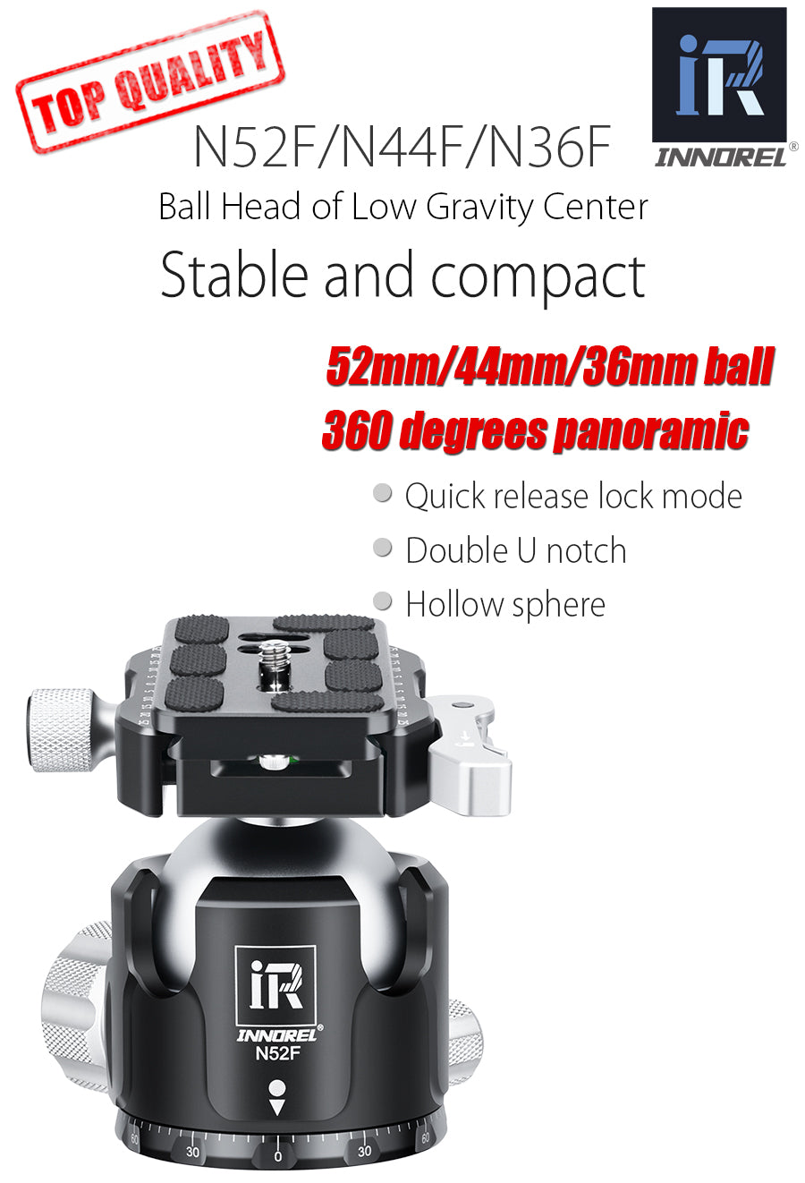 INNOREL N36F/N44F/N52F Silvery Quick Locking Low Profile Tripod Ball Head with 2 Plates
