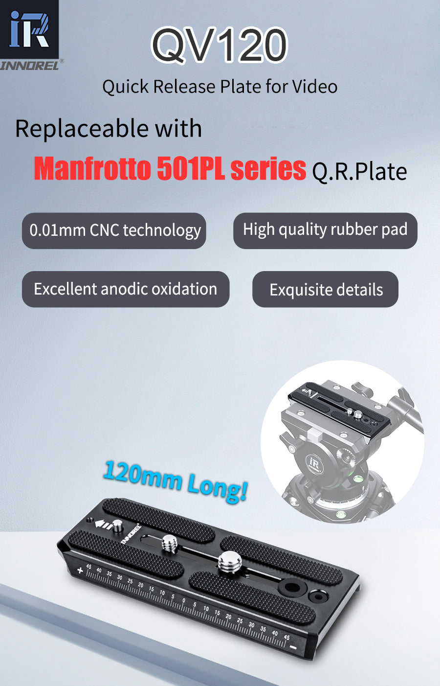 120mm Long Quick Release Plate for Manfrotto-Type INNOREL QV120