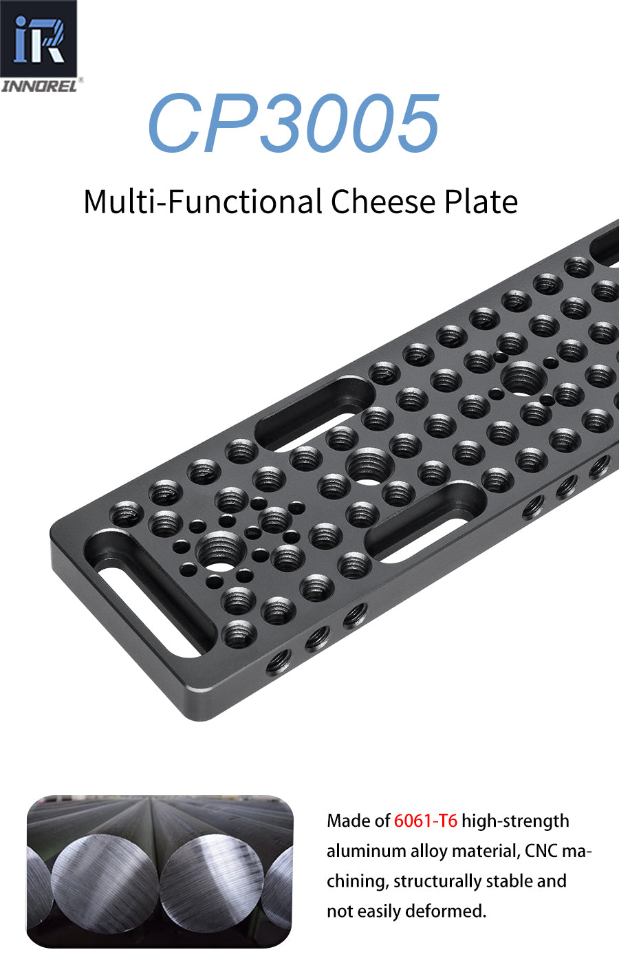 INNOREL CP3005 30*5cm Multi-Functional Cheese Plate,Switching Mounting Plate with Built-in ARRI Locating Holes for Camera Tripod