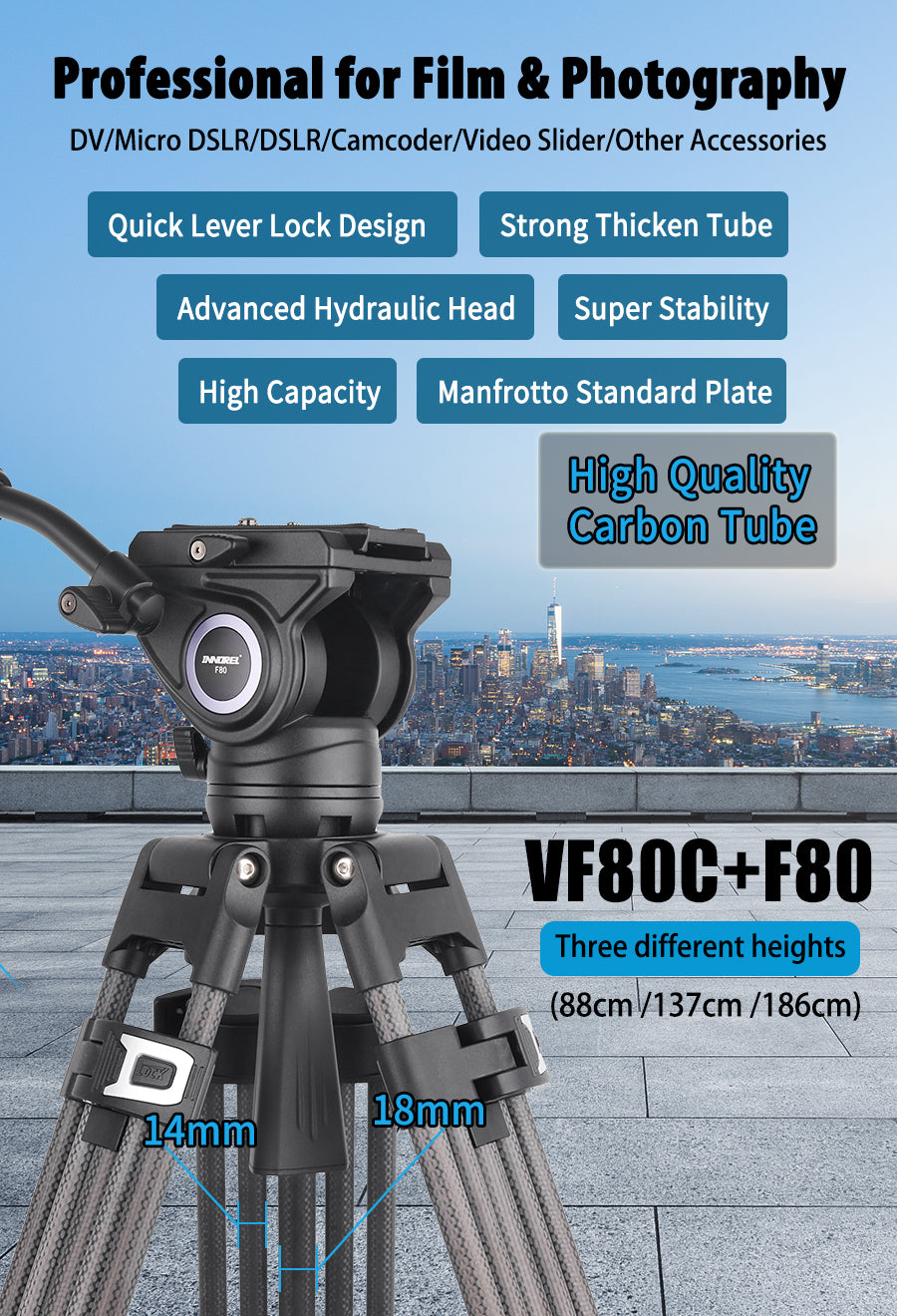 VF80C Professional Carbon Fiber Video Tripod