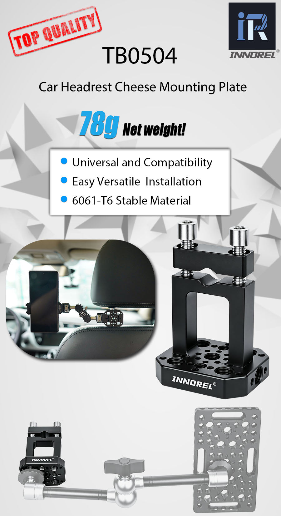 INNOREL TB0504 Car Headrest Camera Mount for Travel Bloggers