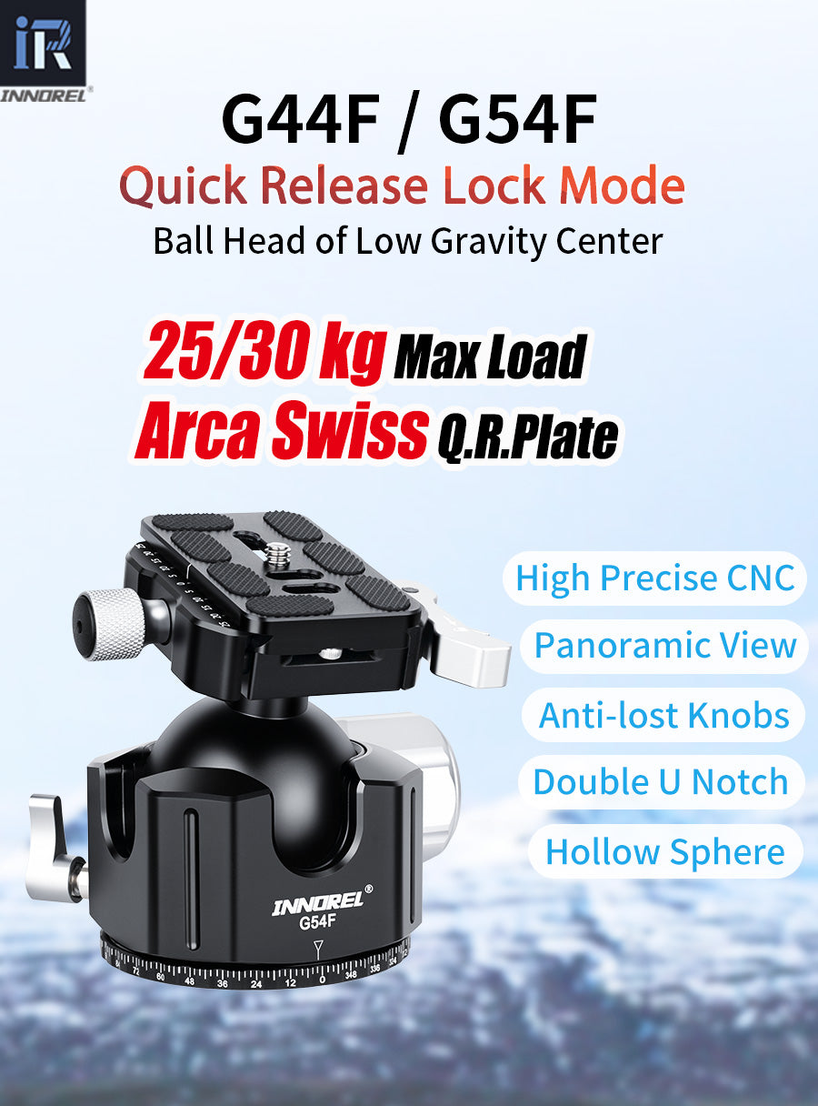 INNOREL G44F/G54F Quick Locking Low Profile Tripod Ball Head, Fast Lever Release, Panoramic CNC Metal Arca Swiss, DSLR Camcorder