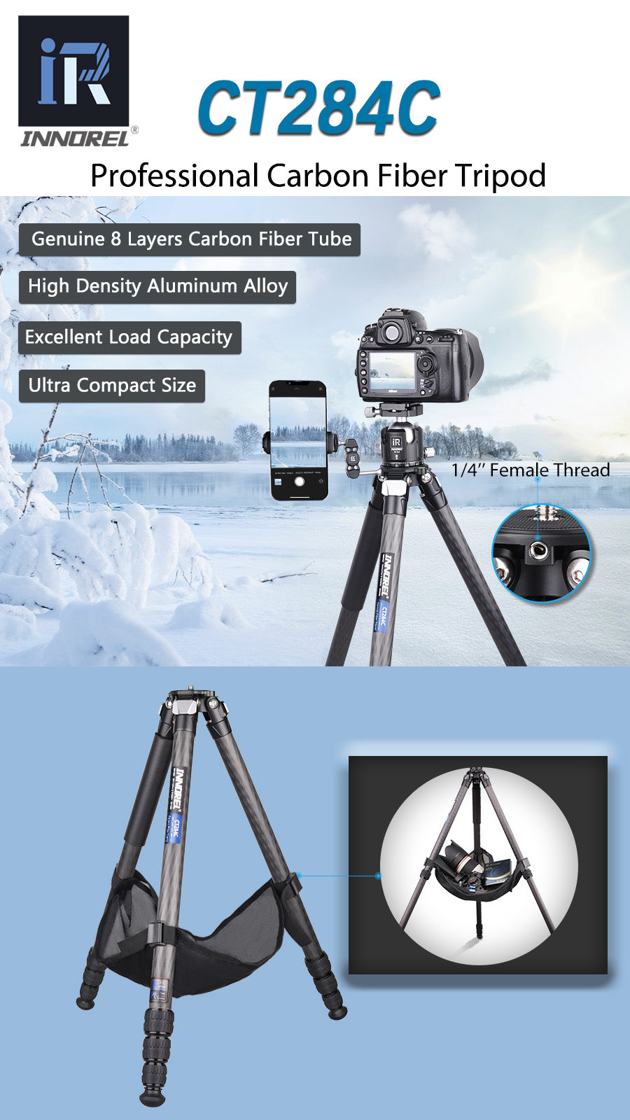 INNOREL CT284C Compact Carbon Fiber Tripod with Stone Bag