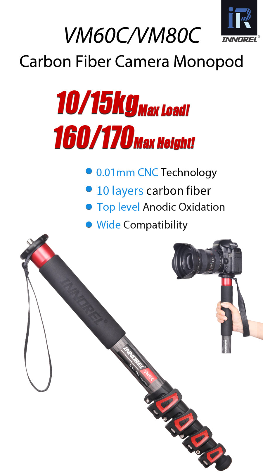 Carbon Fiber Camera Monopod with Fast Flip Lock INNOREL VM60C/VM80C