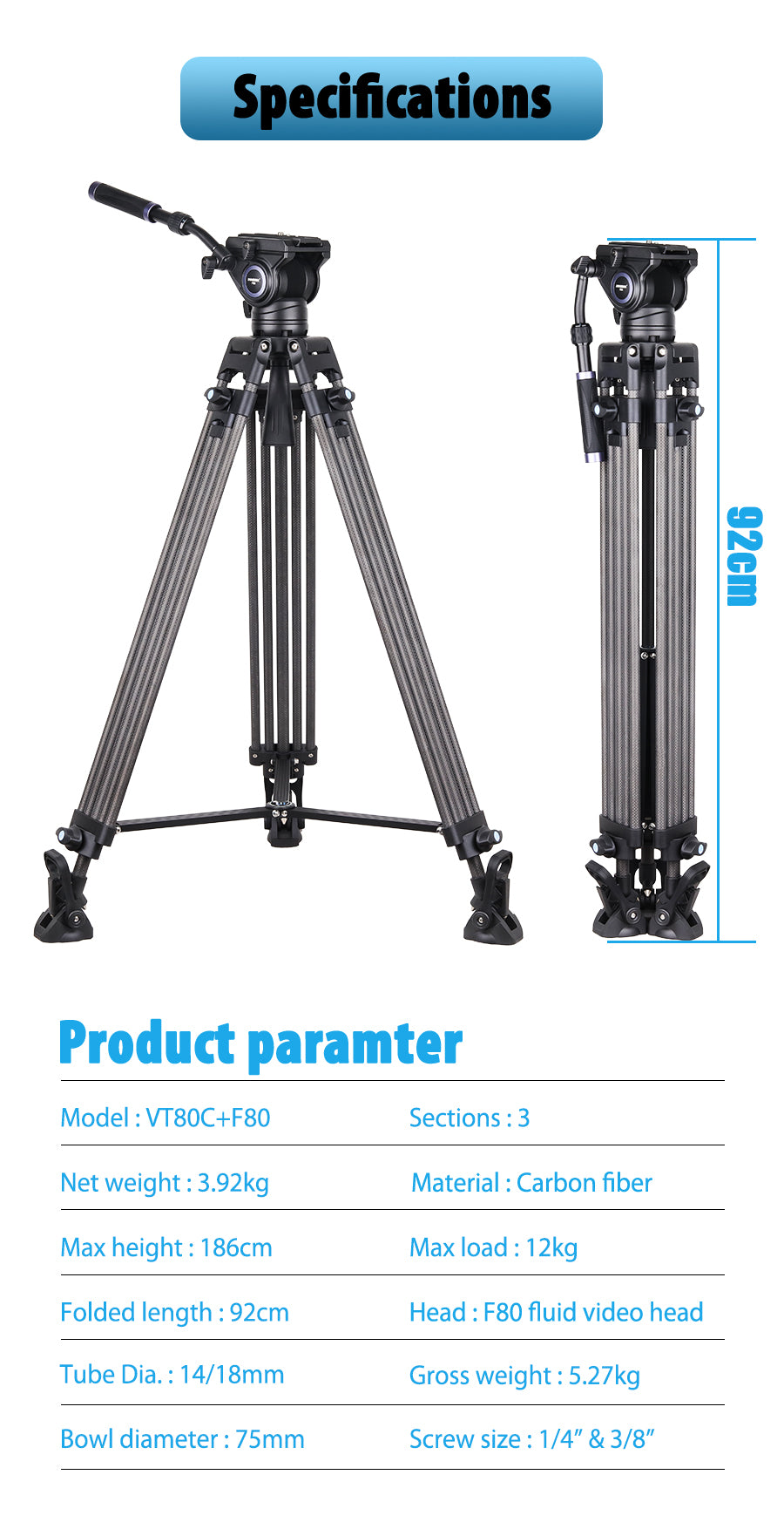 VT80C Professional Carbon Fiber Video Tripod