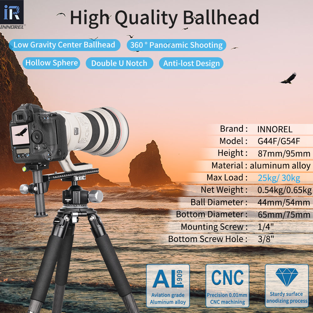 INNOREL G44F/G54F Quick Locking Low Profile Tripod Ball Head, Fast Lever Release, Panoramic CNC Metal Arca Swiss, DSLR Camcorder