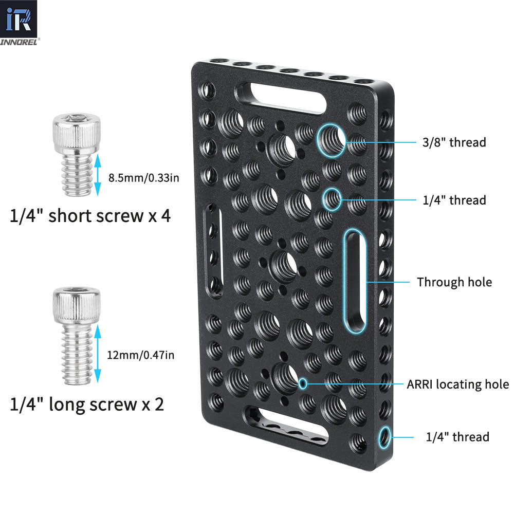 INNOREL CP1207 12*7cm Multi-Functional Cheese Plate with Built-in ARRI Locating Holes 1/4" & 3/8" Threads for Camera Cage Slider