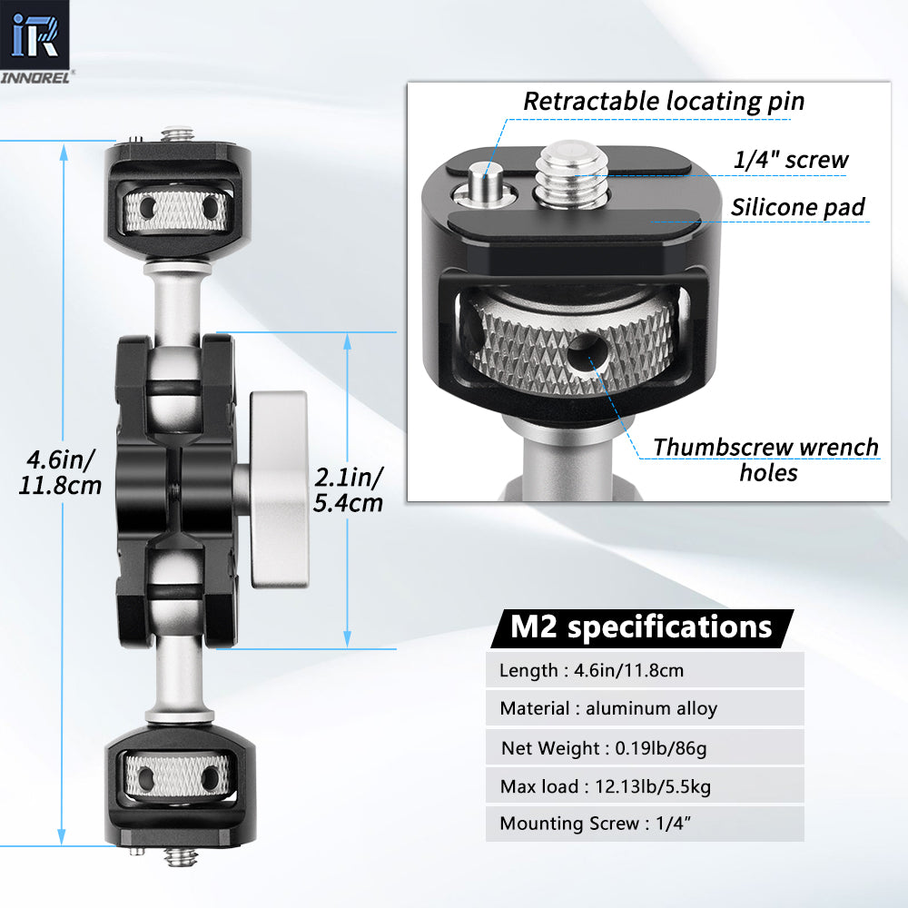 INNOREL M2 Articulating Magic Arm with 1/4"-20 Screw with Retractable Pins for Camera Display Screen Fill Light Max Load 5.5kg