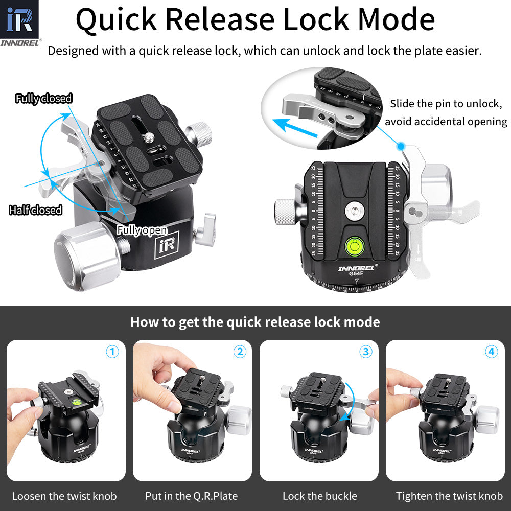 INNOREL G44F/G54F Quick Locking Low Profile Tripod Ball Head, Fast Lever Release, Panoramic CNC Metal Arca Swiss, DSLR Camcorder