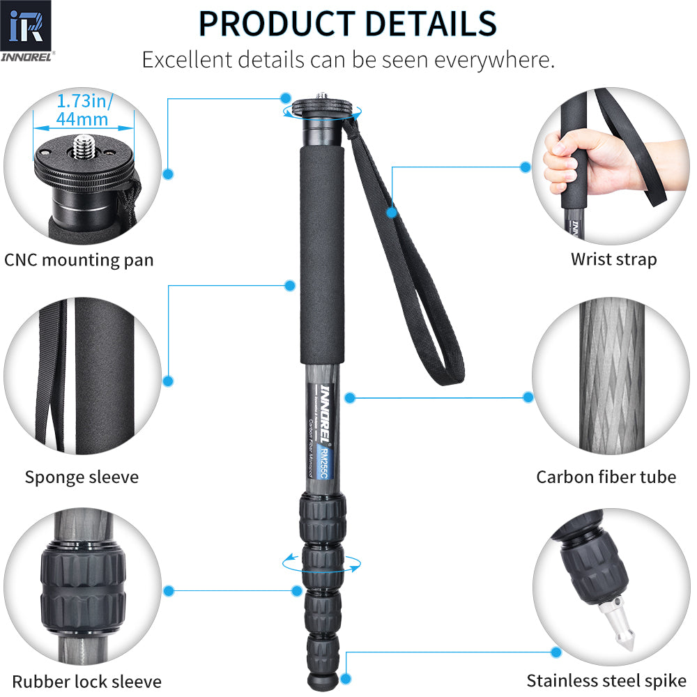 INNOREL RM255C Professional Carbon Fiber Monopod for Canon Nikon Sony DSLR Camera Video Camcorder 5-Section Photography Bracket