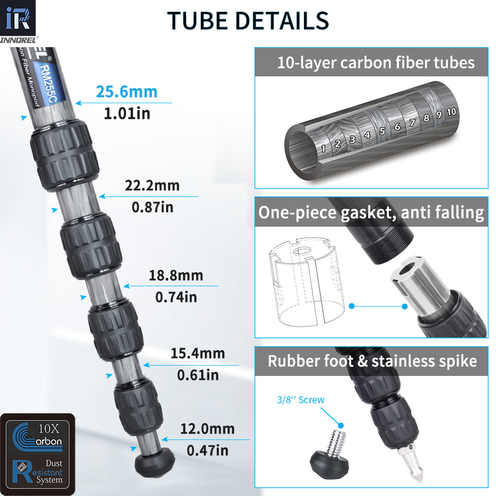 INNOREL RM255C Professional Carbon Fiber Monopod for Canon Nikon Sony DSLR Camera Video Camcorder 5-Section Photography Bracket