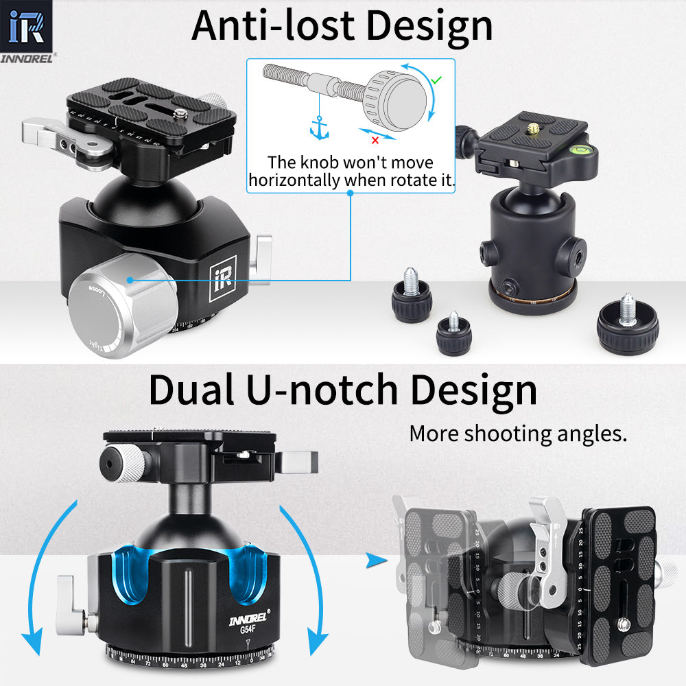 INNOREL G44F/G54F Quick Locking Low Profile Tripod Ball Head, Fast Lever Release, Panoramic CNC Metal Arca Swiss, DSLR Camcorder