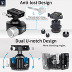 INNOREL G44F/G54F Quick Locking Low Profile Tripod Ball Head, Fast Lever Release, Panoramic CNC Metal Arca Swiss, DSLR Camcorder