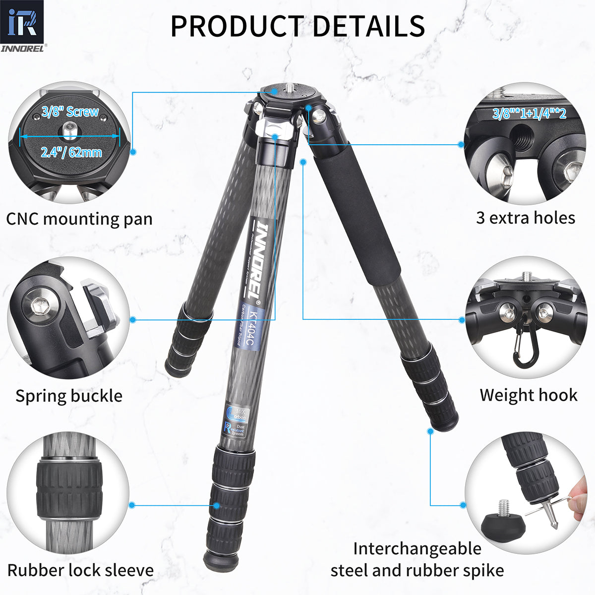 Treppiede per fotocamera in fibra di carbonio usato 40mm Tubo INNOREL KT404C (Solo gli USA hanno disponibilità)