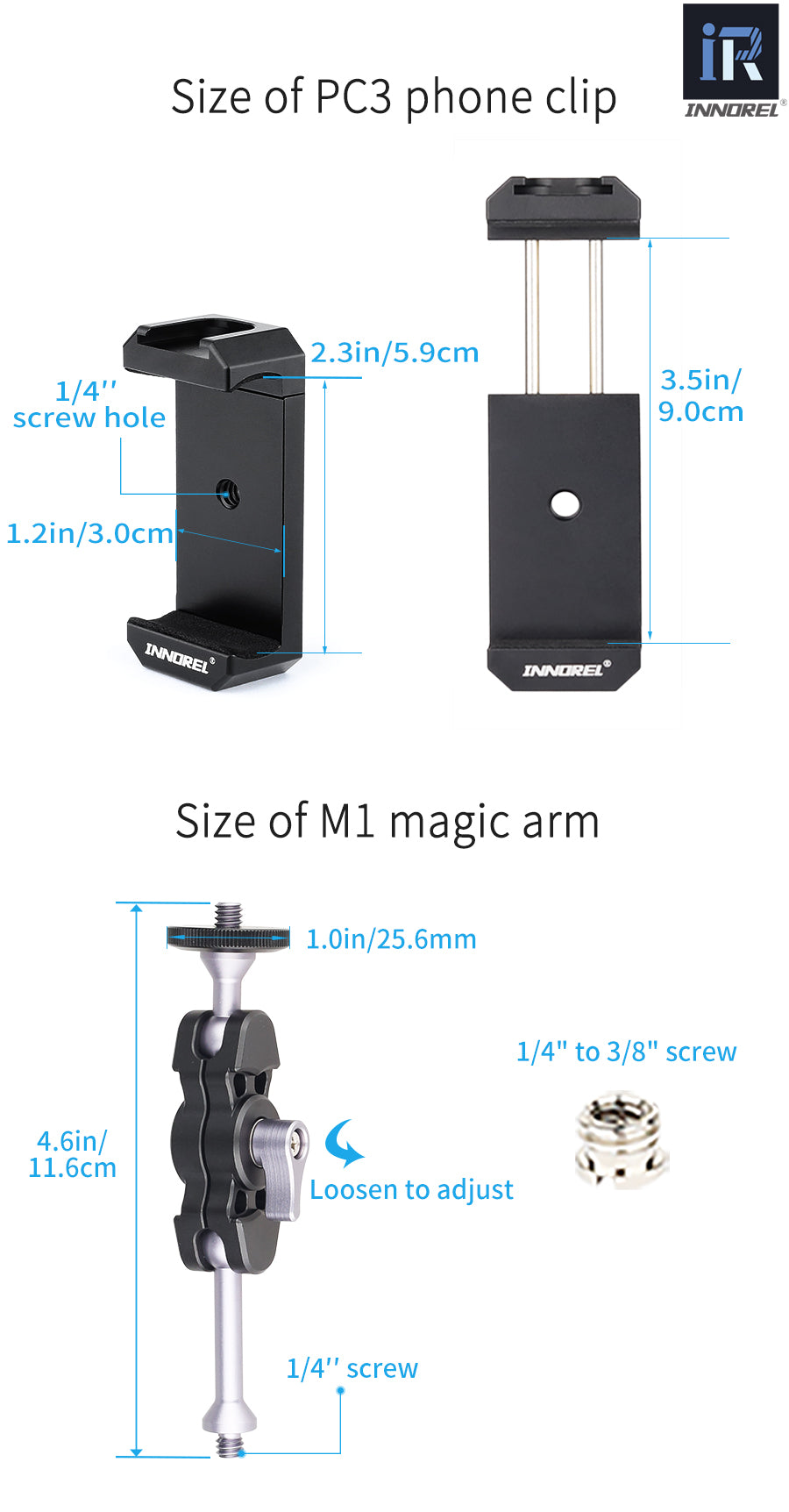 INNOREL PC3+M1 Pince de fixation pour téléphone et bras articulé