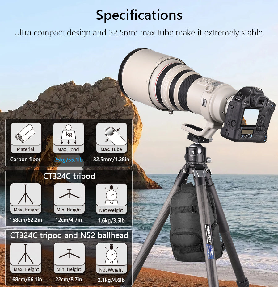 Compact Carbon Fiber Tripod with Stone Bag INNOREL CT324C
