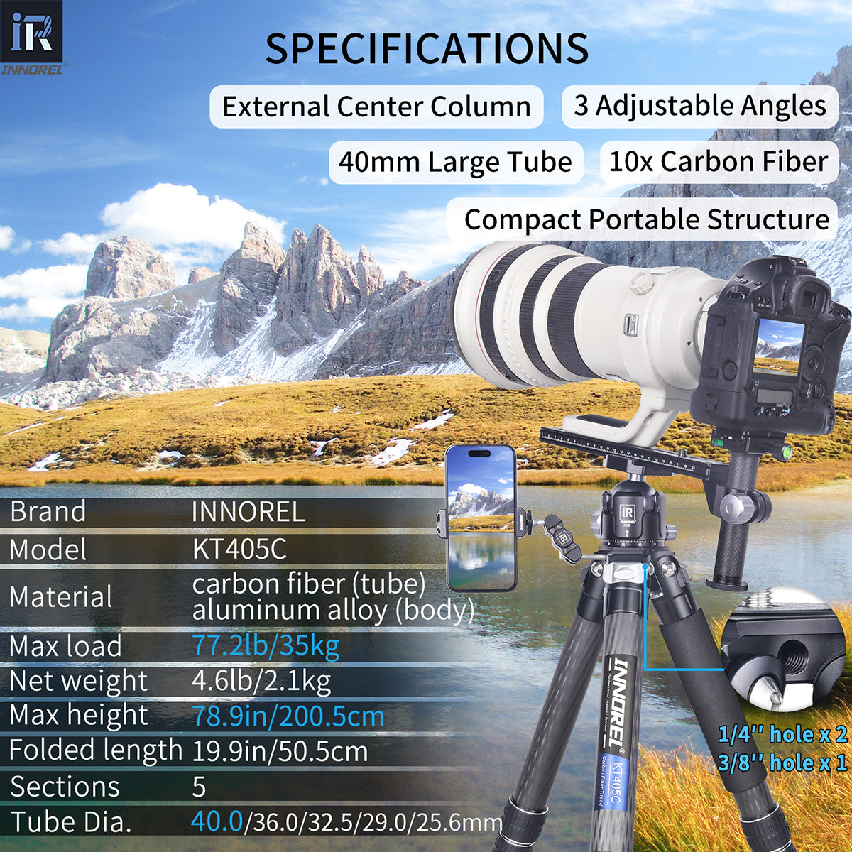 INNOREL Carbon Fiber Compact Tripod KT405C 40mm Tube