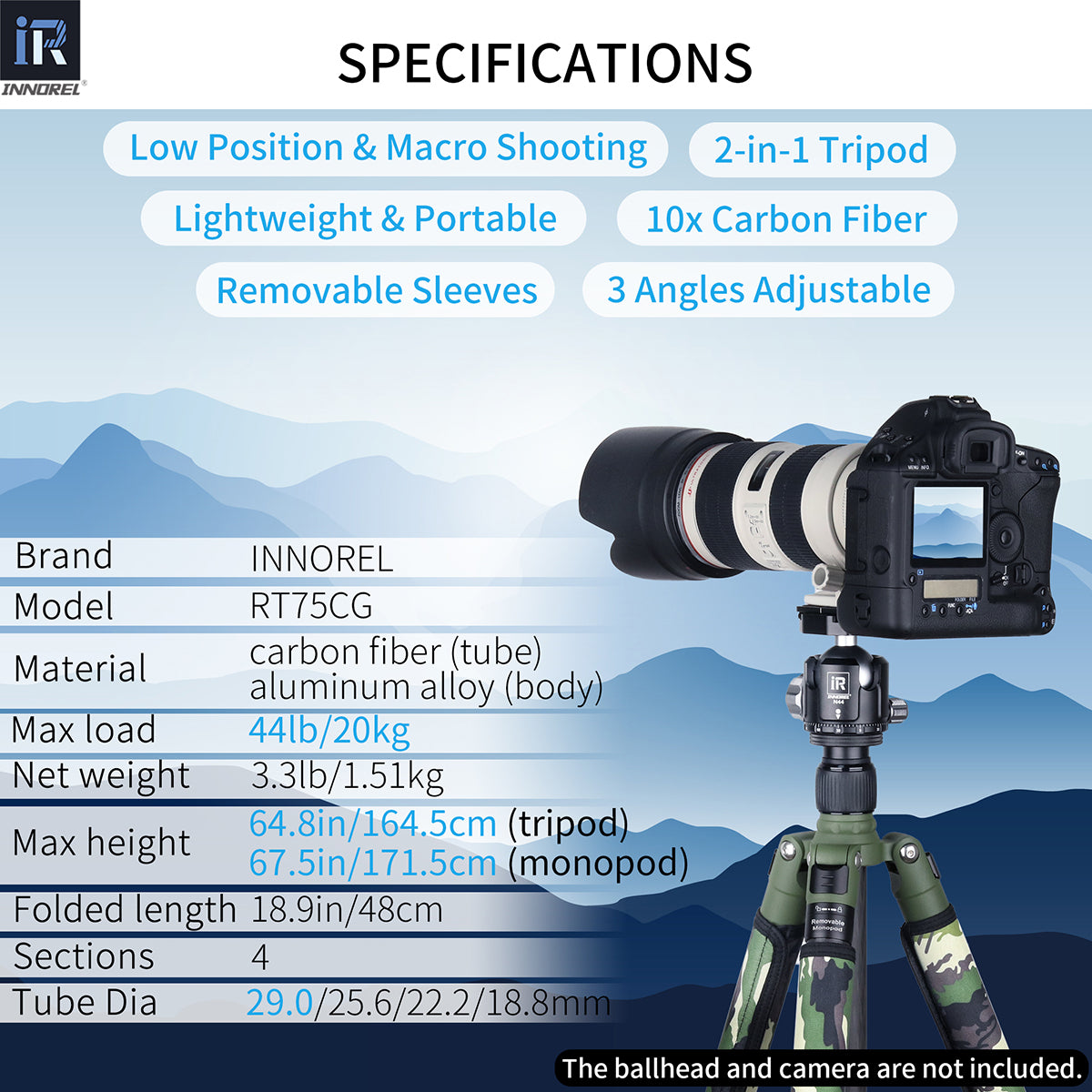 Carbon Fiber Camera Tripod Monopod INNOREL RT75CG