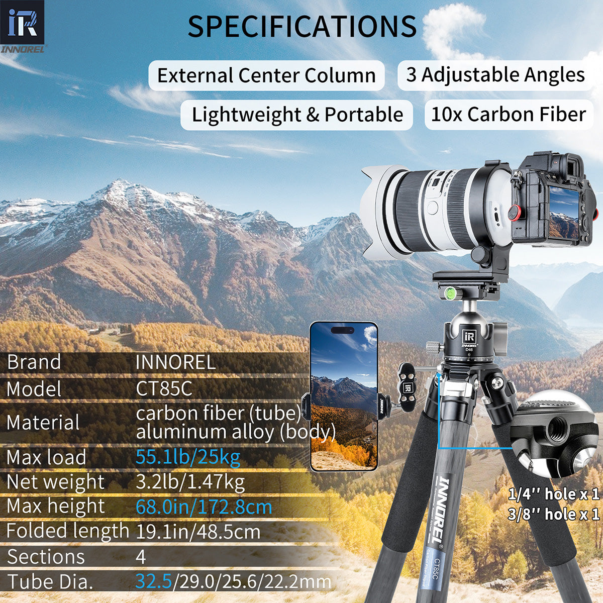 Carbon Fiber Compact Tripod INNOREL CT85C