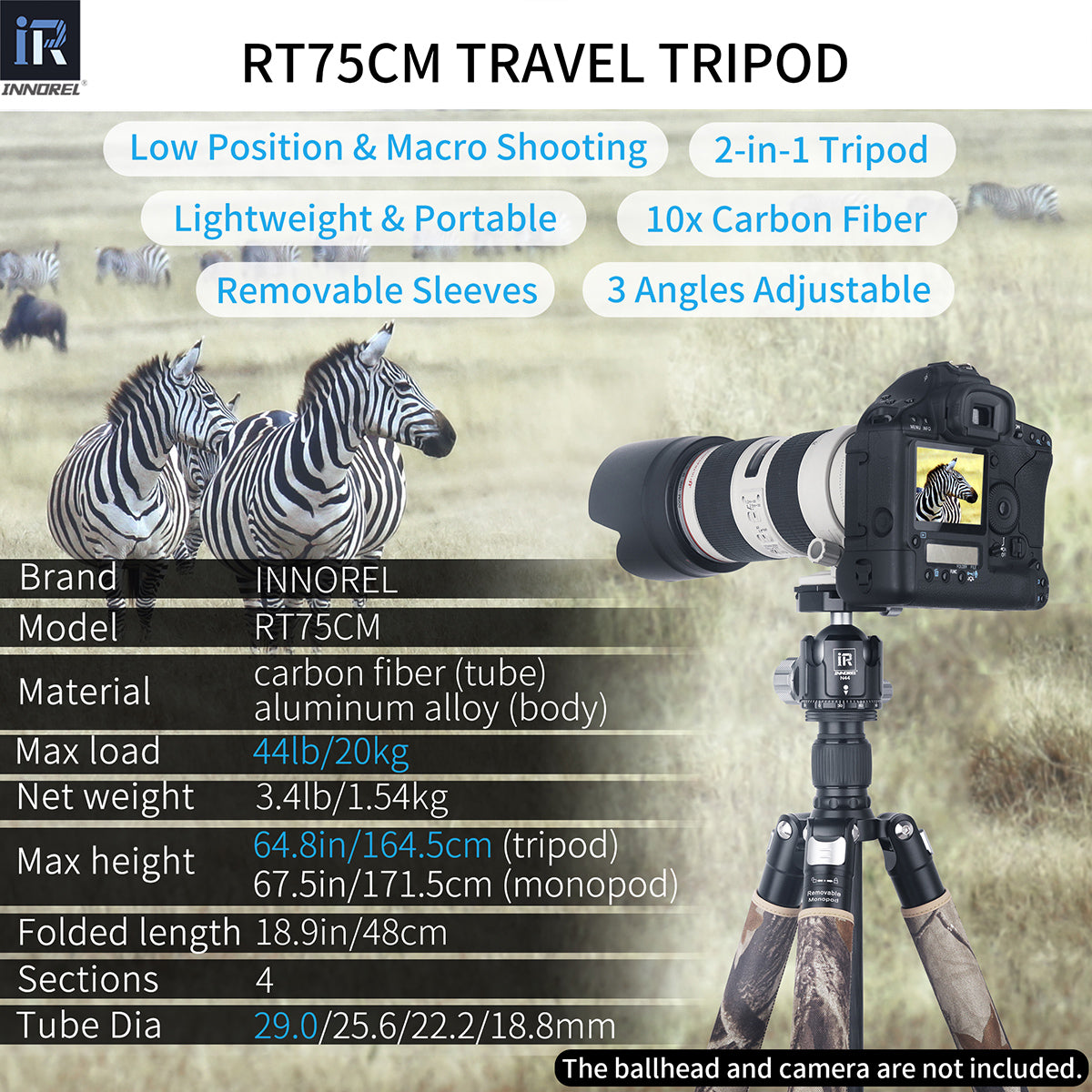 Carbon Fiber Camera Tripod Monopod INNOREL RT75CM