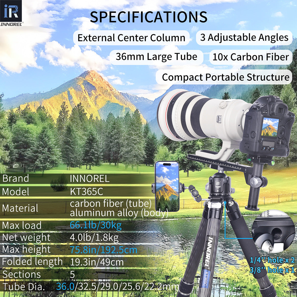 INNOREL 5 Sections Carbon Fiber Compact Tripod KT365C
