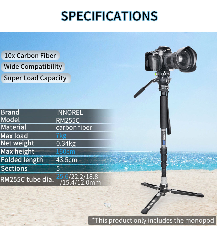 INNOREL RM255C Professional Carbon Fiber Monopod for Canon Nikon Sony DSLR Camera Video Camcorder 5-Section Photography Bracket