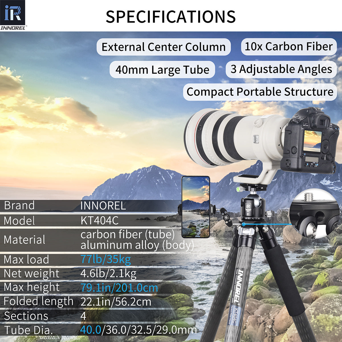 Carbon Fiber Camera Tripod 40mm Tube INNOREL KT404C