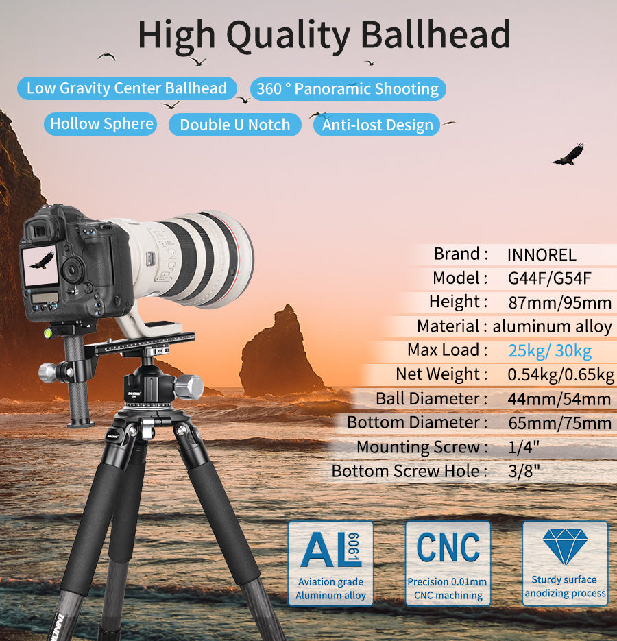 INNOREL G44F/G54F Quick Locking Low Profile Tripod Ball Head, Fast Lever Release, Panoramic CNC Metal Arca Swiss, DSLR Camcorder