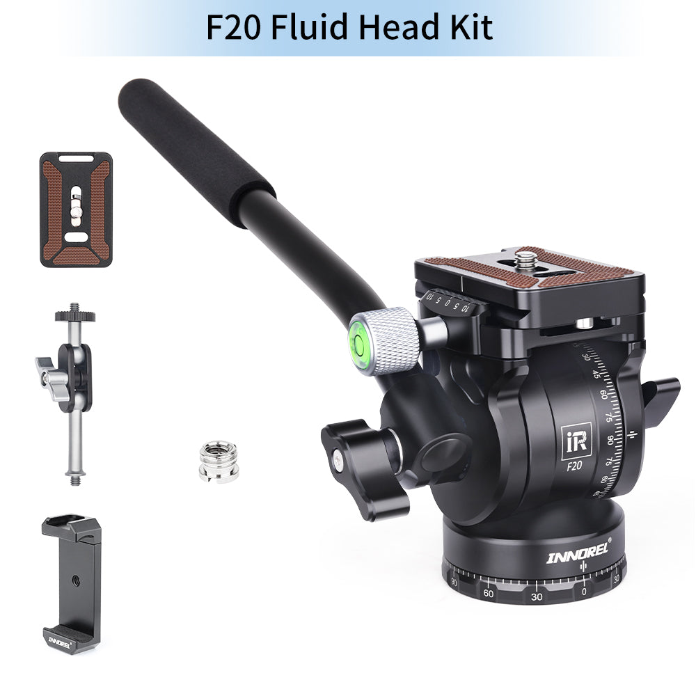 INNOREL F20 Mini Fluid Video Head 5kg Load, Panoramic Tripod Pan, 2 Arca Swiss Quick Release Plates, Handle, Magic Arm & Phone Clip for DSLR Camera