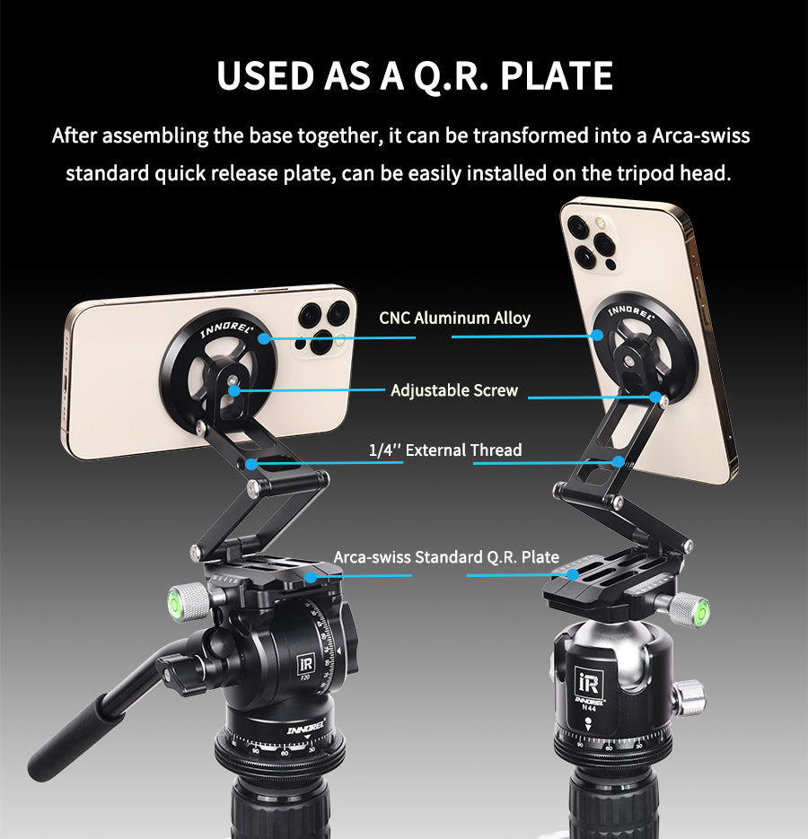 Perche à selfie portative INNOREL MS6 légère en alliage d'aluminium, pliable et réglable sur 3 axes avec plaque de dégagement rapide Arca-Swiss