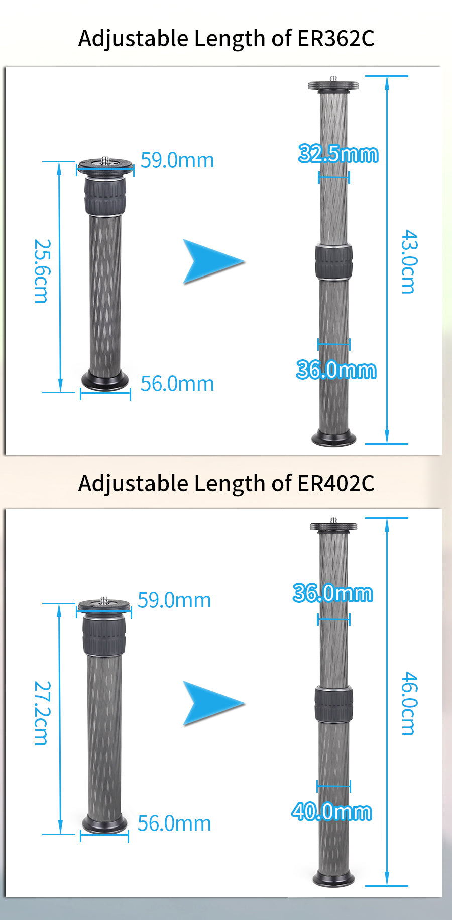 Colonne centrale pour trépied universel 10 couches en fibre de carbone INNOREL ER362C/ER402C