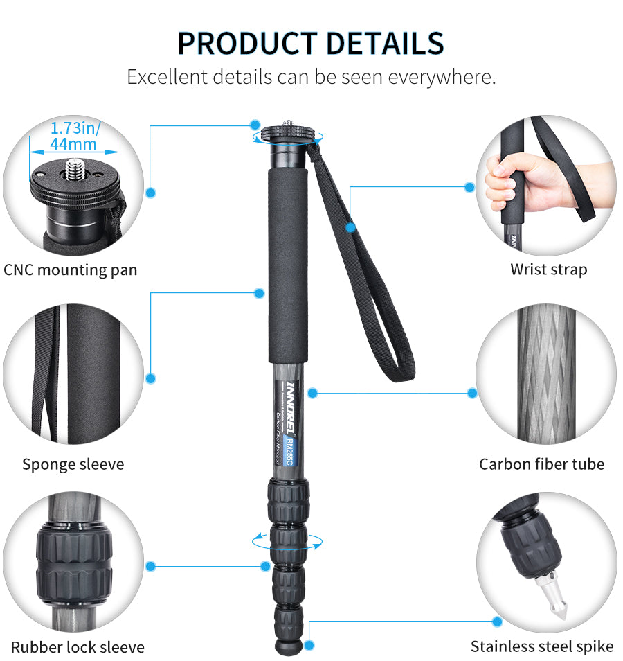 INNOREL RM255C Professional Carbon Fiber Monopod for Canon Nikon Sony DSLR Camera Video Camcorder 5-Section Photography Bracket