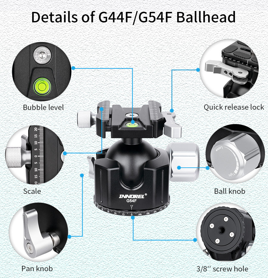 INNOREL G44F/G54F Quick Locking Low Profile Tripod Ball Head, Fast Lever Release, Panoramic CNC Metal Arca Swiss, DSLR Camcorder