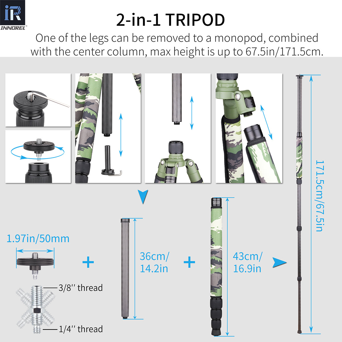 Carbon Fiber Camera Tripod Monopod INNOREL RT75CG