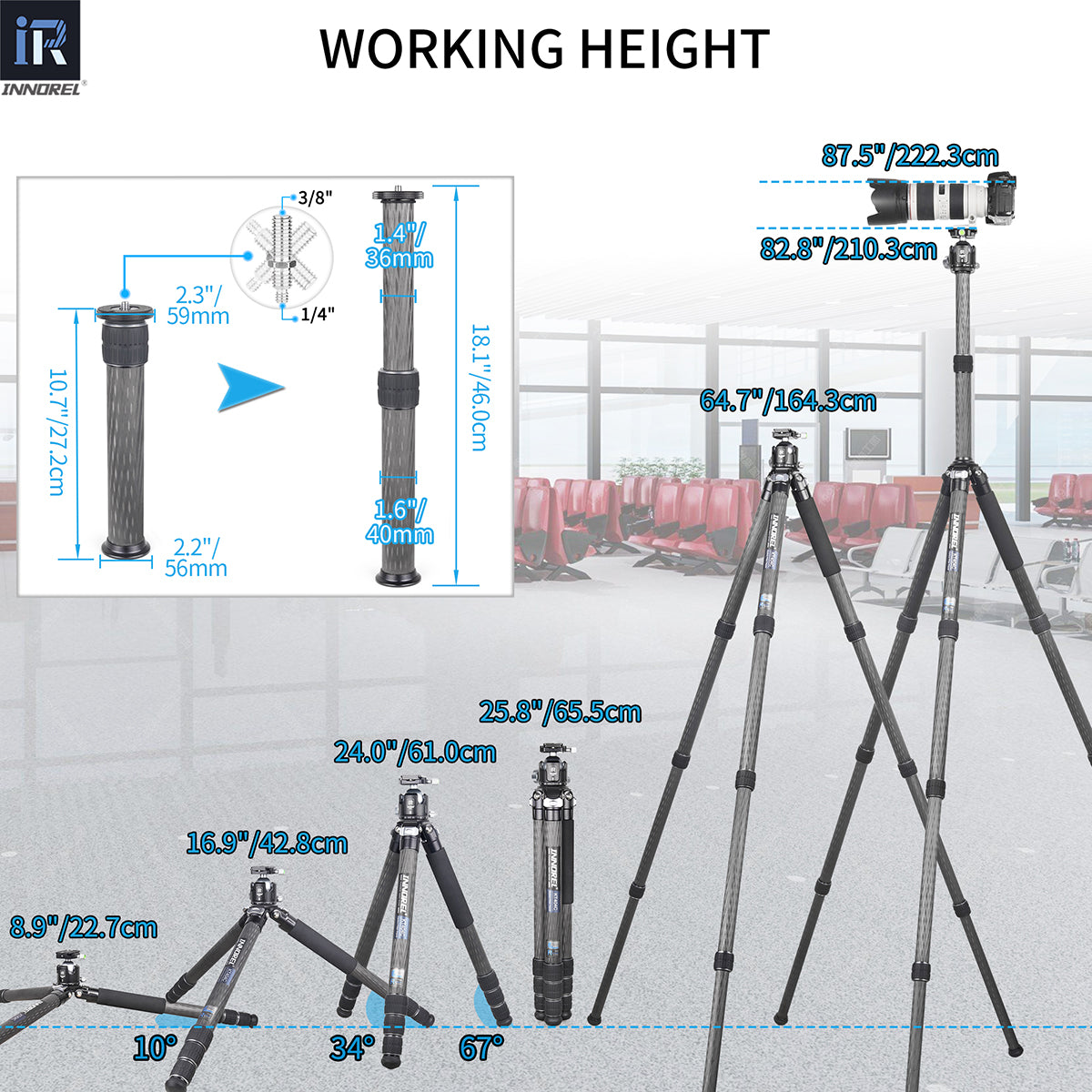 Treppiede per fotocamera in fibra di carbonio usato 40mm Tubo INNOREL KT404C (Solo gli USA hanno disponibilità)