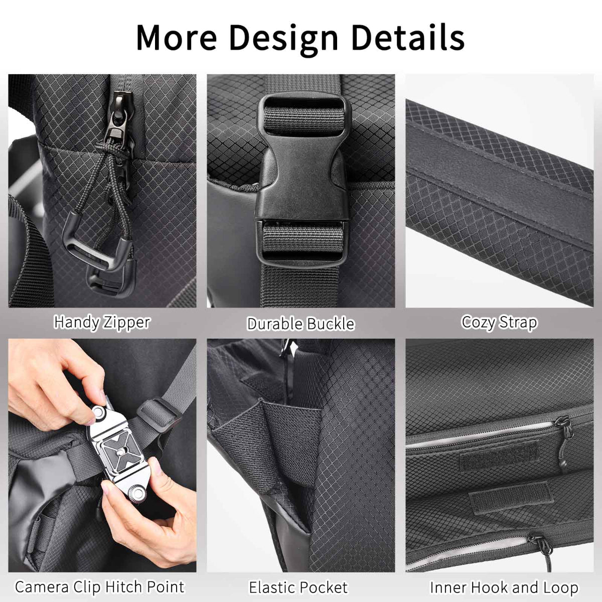 INNOREL CB0621 black camera sling bag features handy zipper durable buckle cozy strap camera clip hitch point convenient pocket inner hook and loop