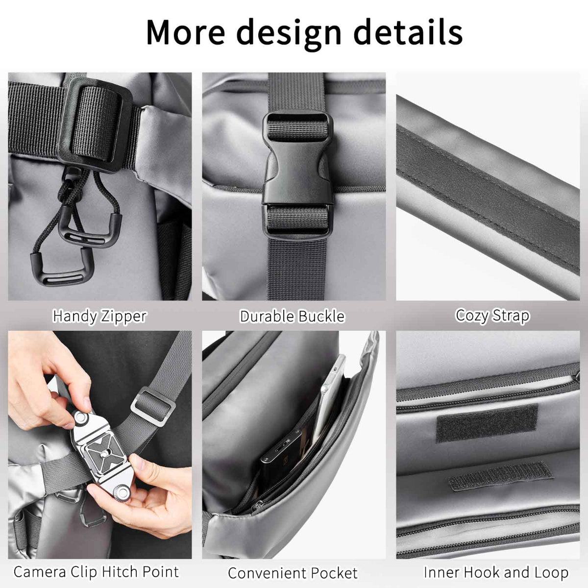 INNOREL CB0635 camera sling bag features handy zipper durable buckle cozy strap camera clip hitch point convenient pocket inner hook and loop