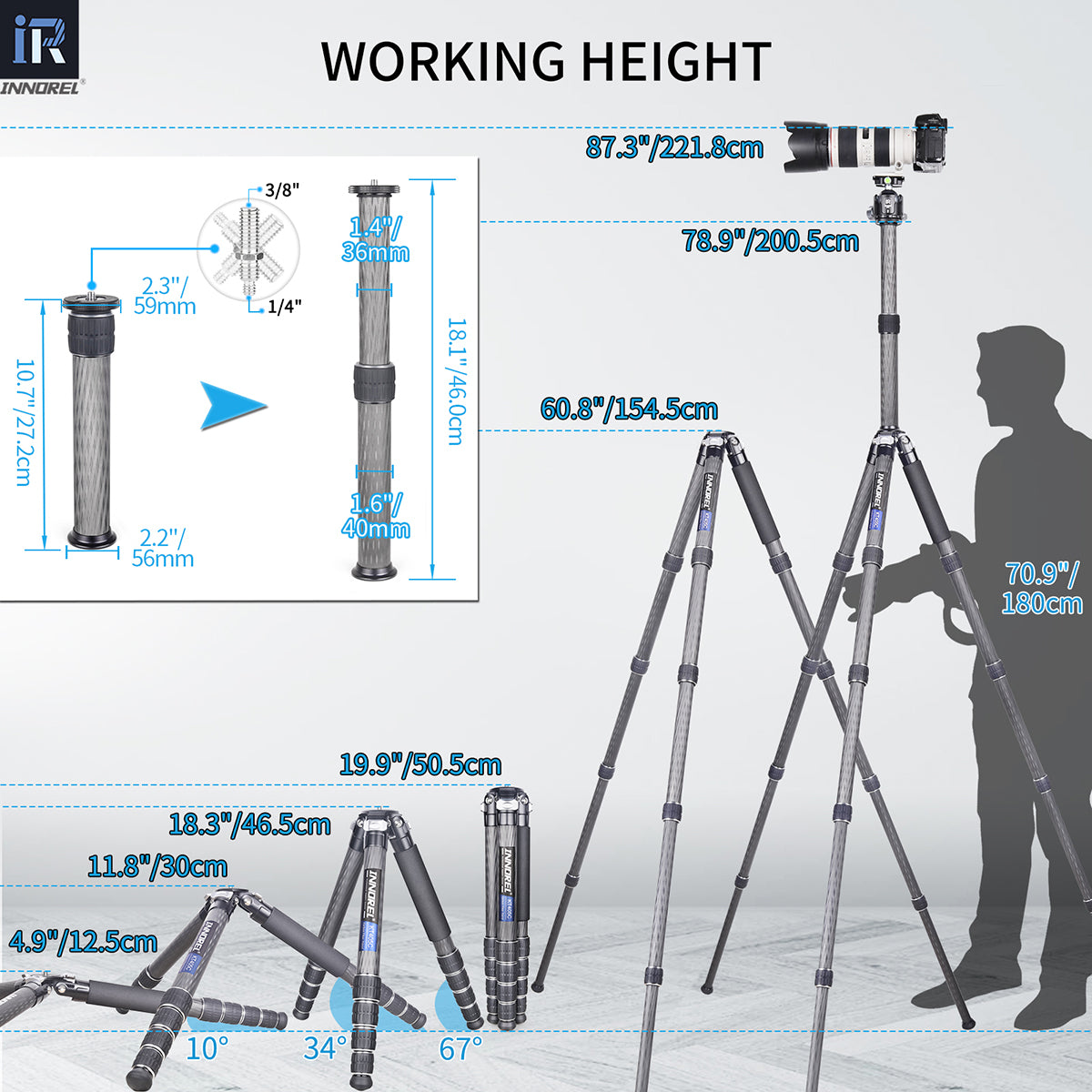 INNOREL Carbon Fiber Compact Tripod KT405C 40mm Tube