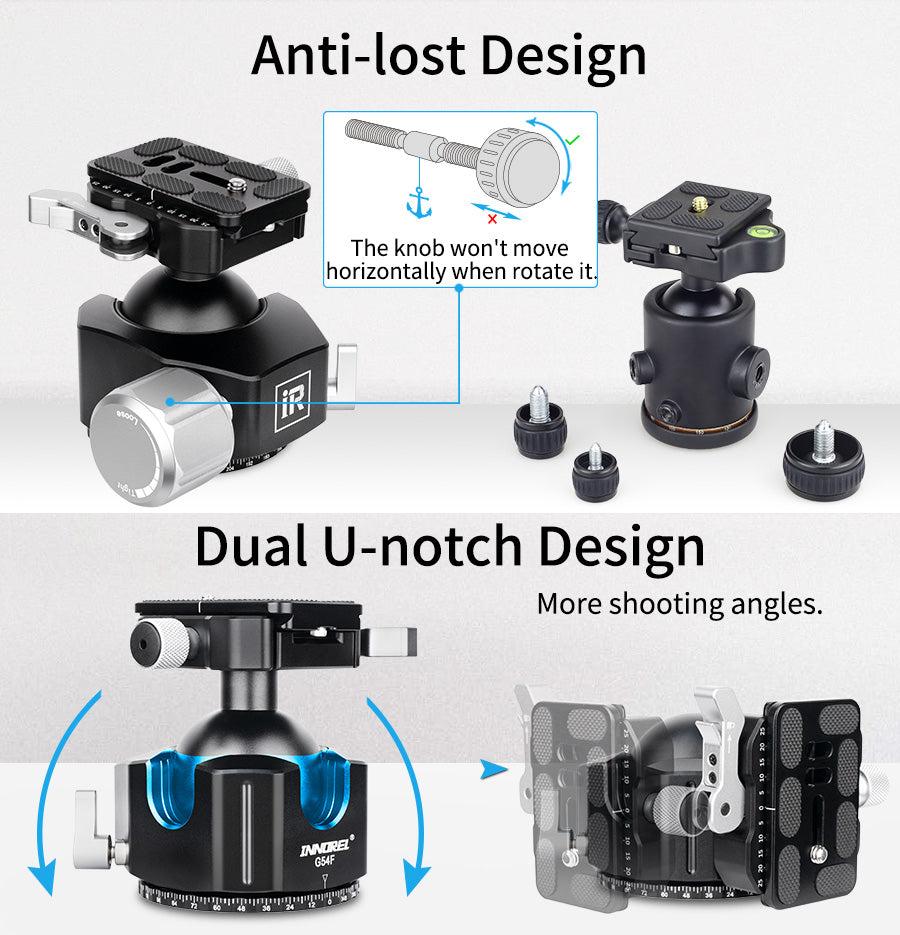 INNOREL G44F/G54F Quick Locking Low Profile Tripod Ball Head, Fast Lever Release, Panoramic CNC Metal Arca Swiss, DSLR Camcorder