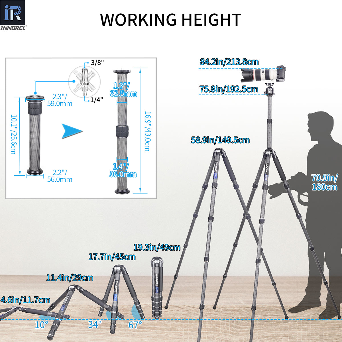 INNOREL 5 Sections Carbon Fiber Compact Tripod KT365C