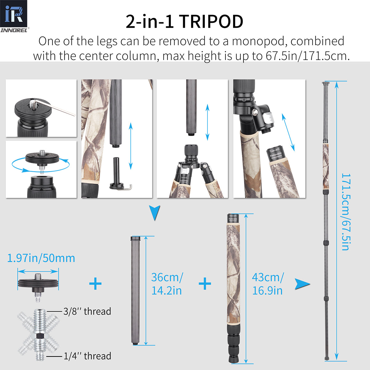 Carbon Fiber Camera Tripod Monopod INNOREL RT75CM